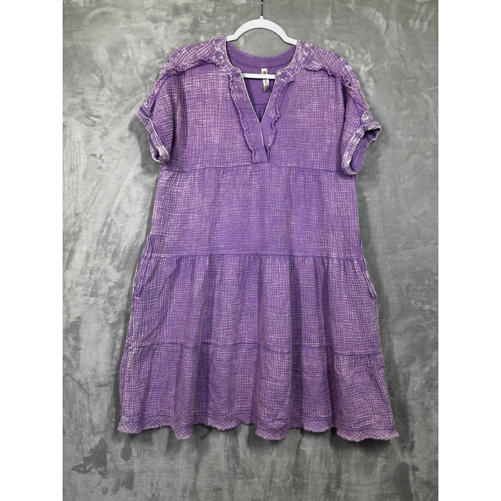 Zenana Womens Purple Cotton Gauze Tiered Mini Dress Pockets L/XL QSW-7115A5